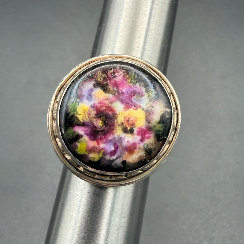 Mid Century Studio Silver‎ Hand Painted Porcelain Statement Ring - Picture 7 of 10